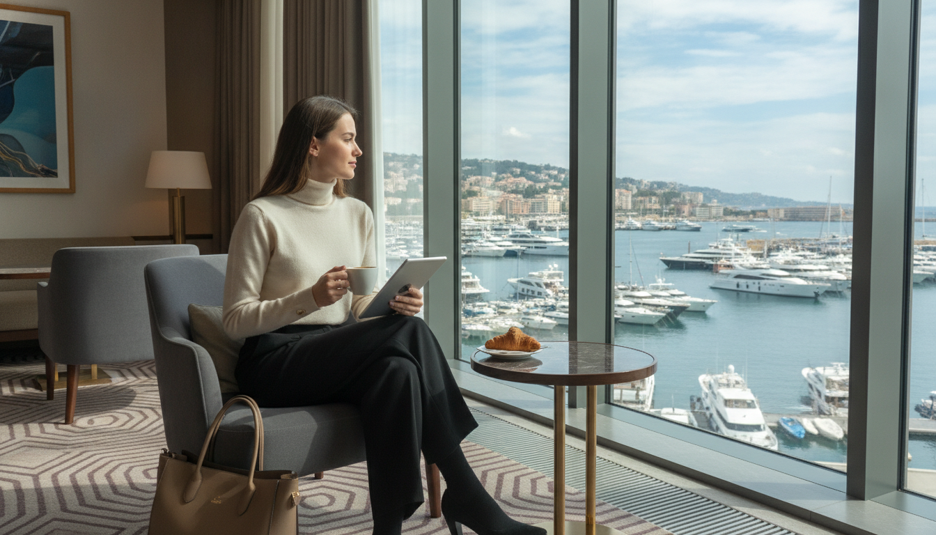 Woman sitting pensively in a business lounge overlooking a yacht harbor