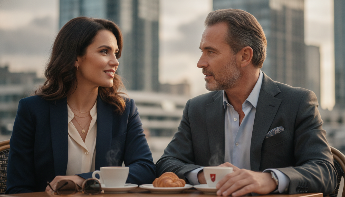 Couple openly discussing expectations at an elegant outdoor cafe table